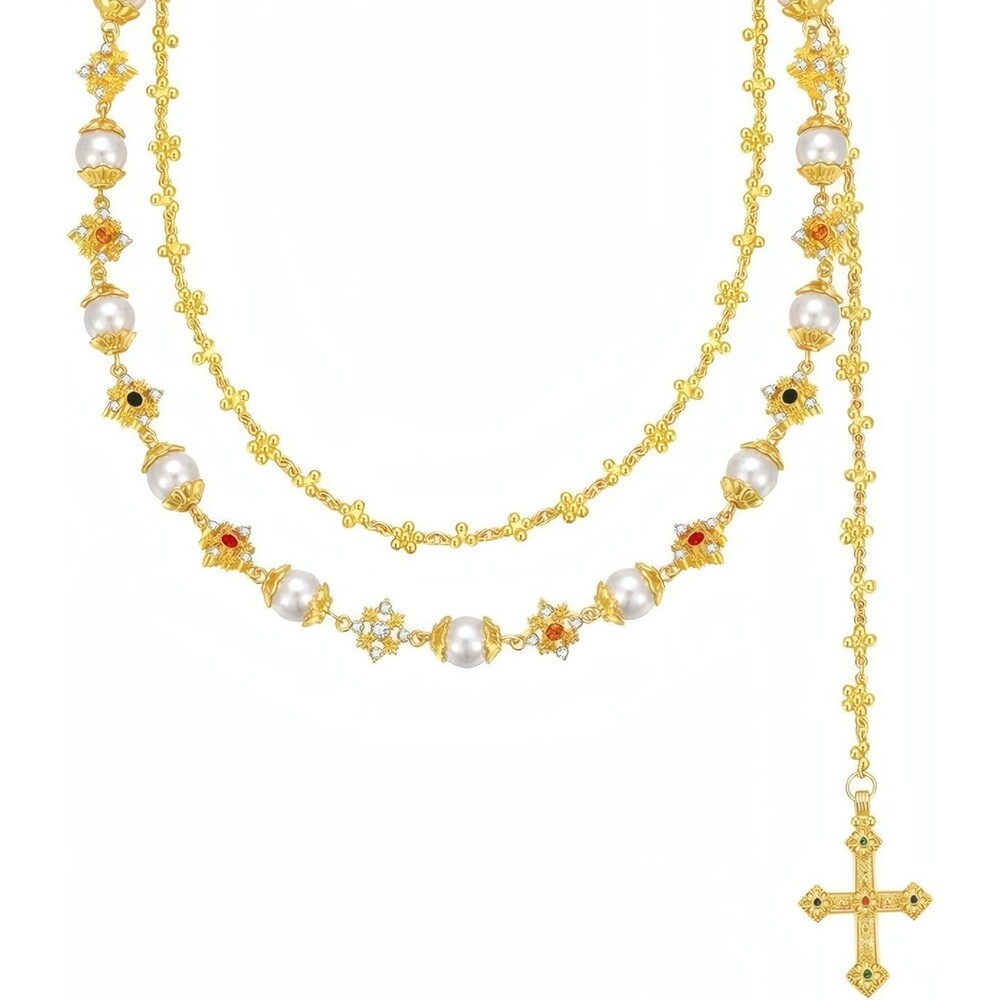 Gold Tone Layered Pearl Cross Pants Wallet Chain Jewelry Accessory for Women